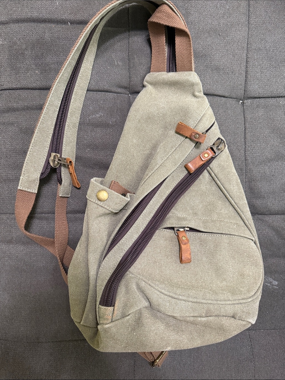 Olive Canvas Sling Backpack with Brown Accents